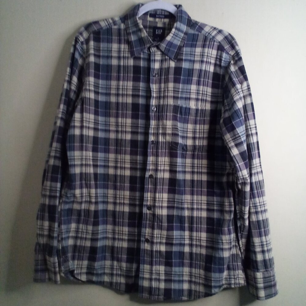 Gap Shirt Men M Button Up Fitted Plaid Purple Cream